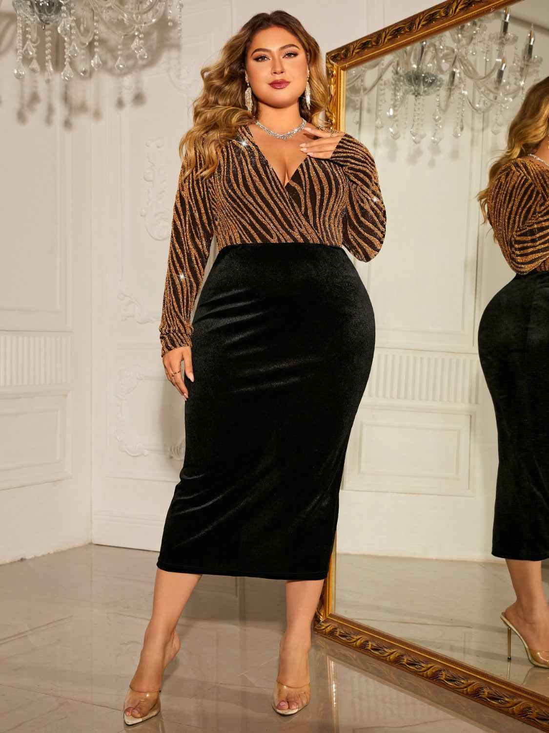 Honey Plus Size Surplice Neck Long Sleeve Slit Dress for a perfect OOTD – dress to impress outfits from Amexza