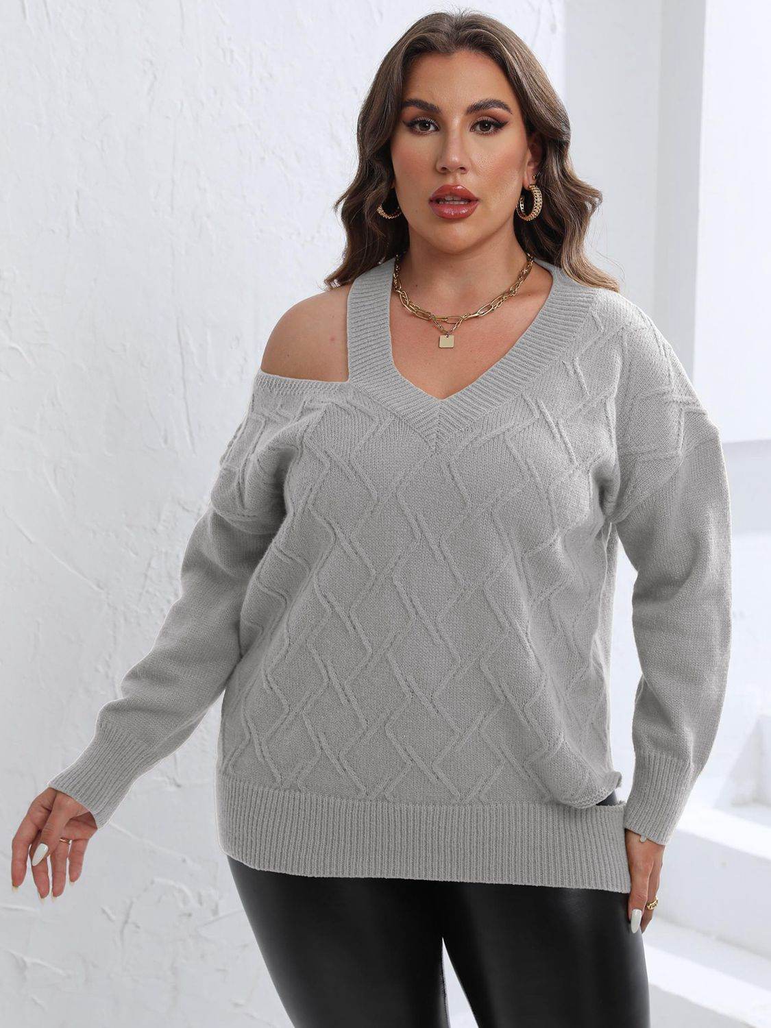 Plus Size Cutout V-Neck Sweater Light Gray for a perfect OOTD – dress to impress outfits from Amexza