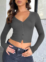 Buttoned V-Neck Long Sleeve T-Shirt - Amexza