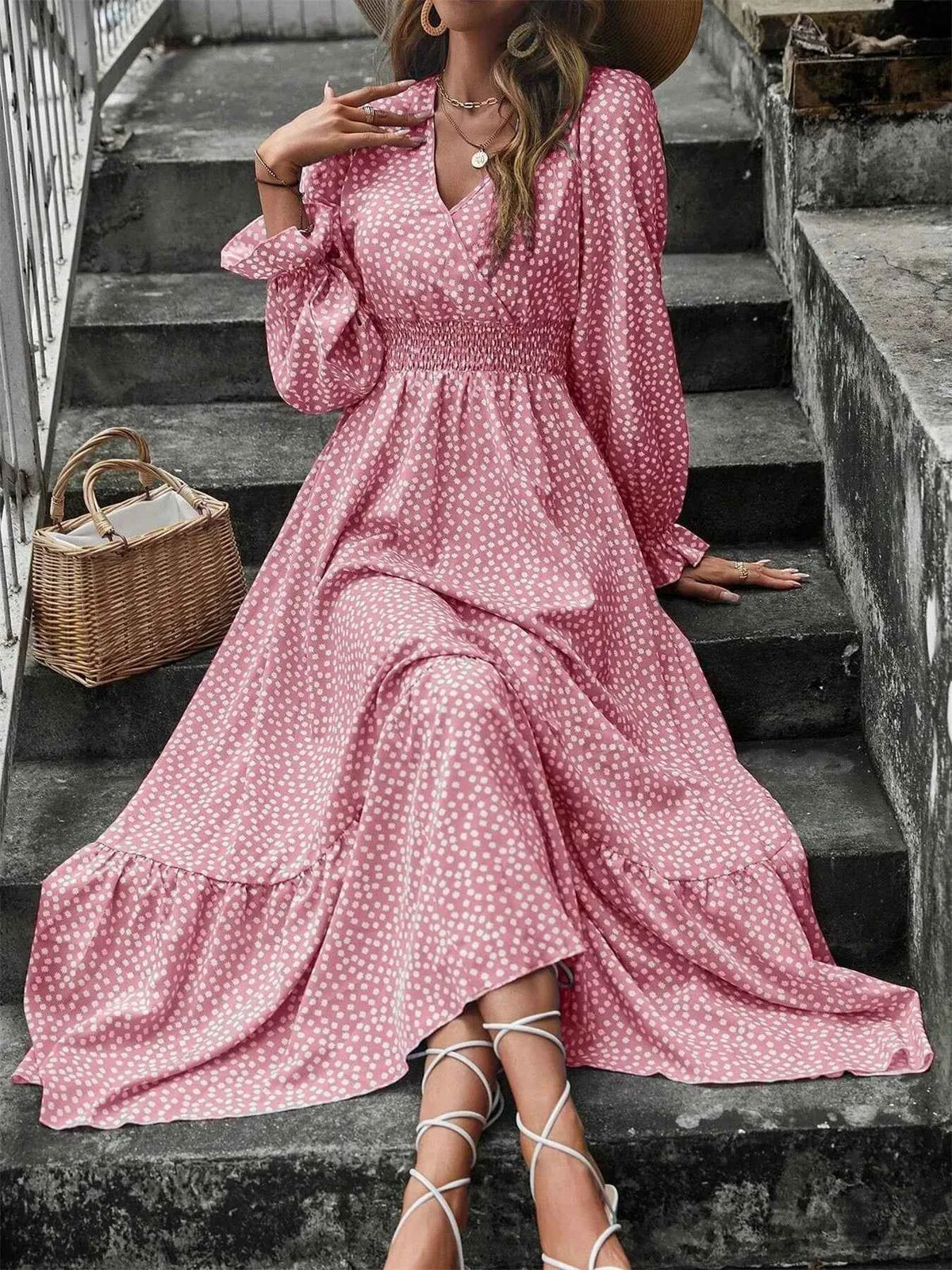 Smocked Waist Polka Dot Long Sleeve Maxi Dress