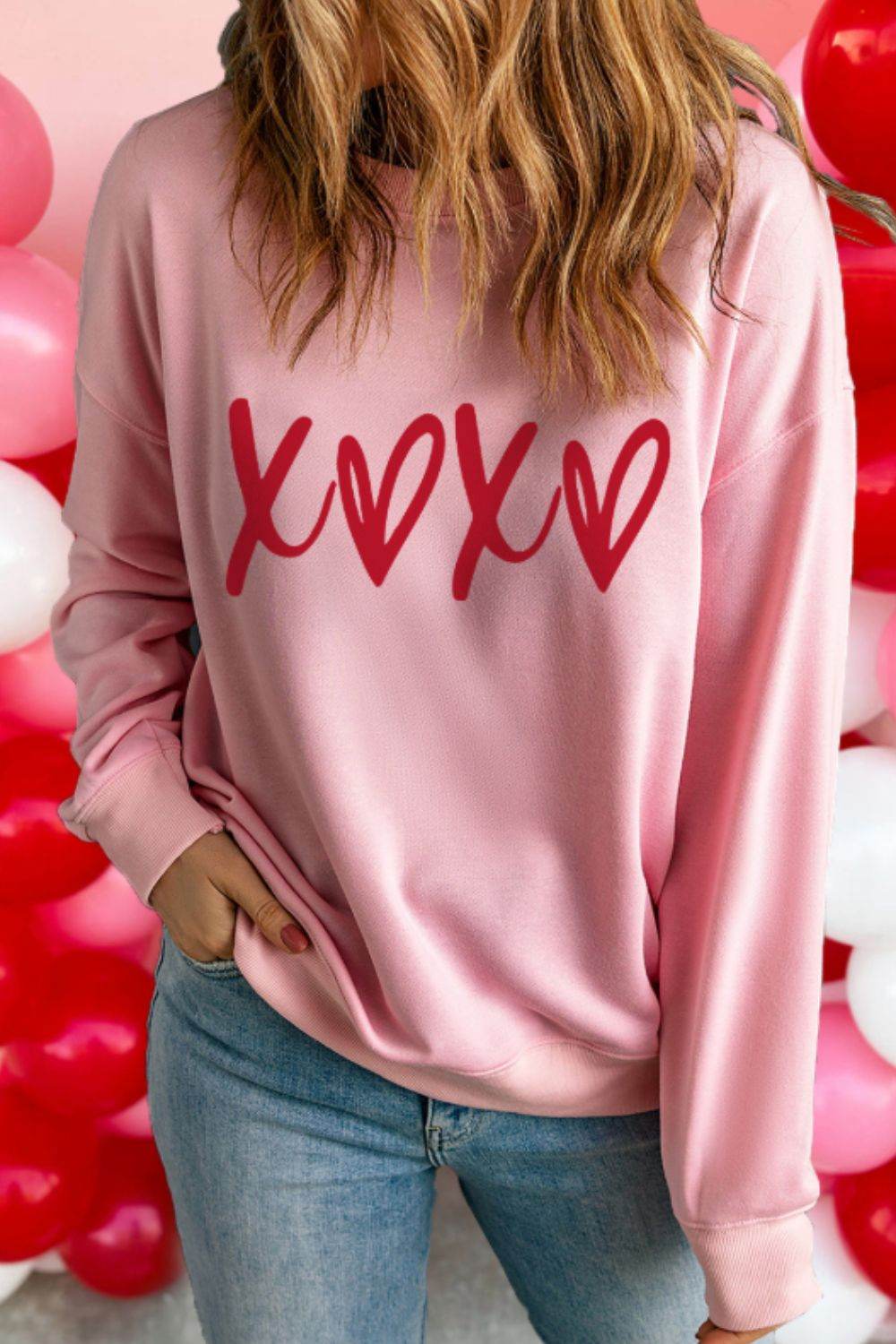Valentine’s Day XOXO Round Neck Drop Shoulder Sweatshirt for a perfect OOTD – dress to impress outfits from Amexza