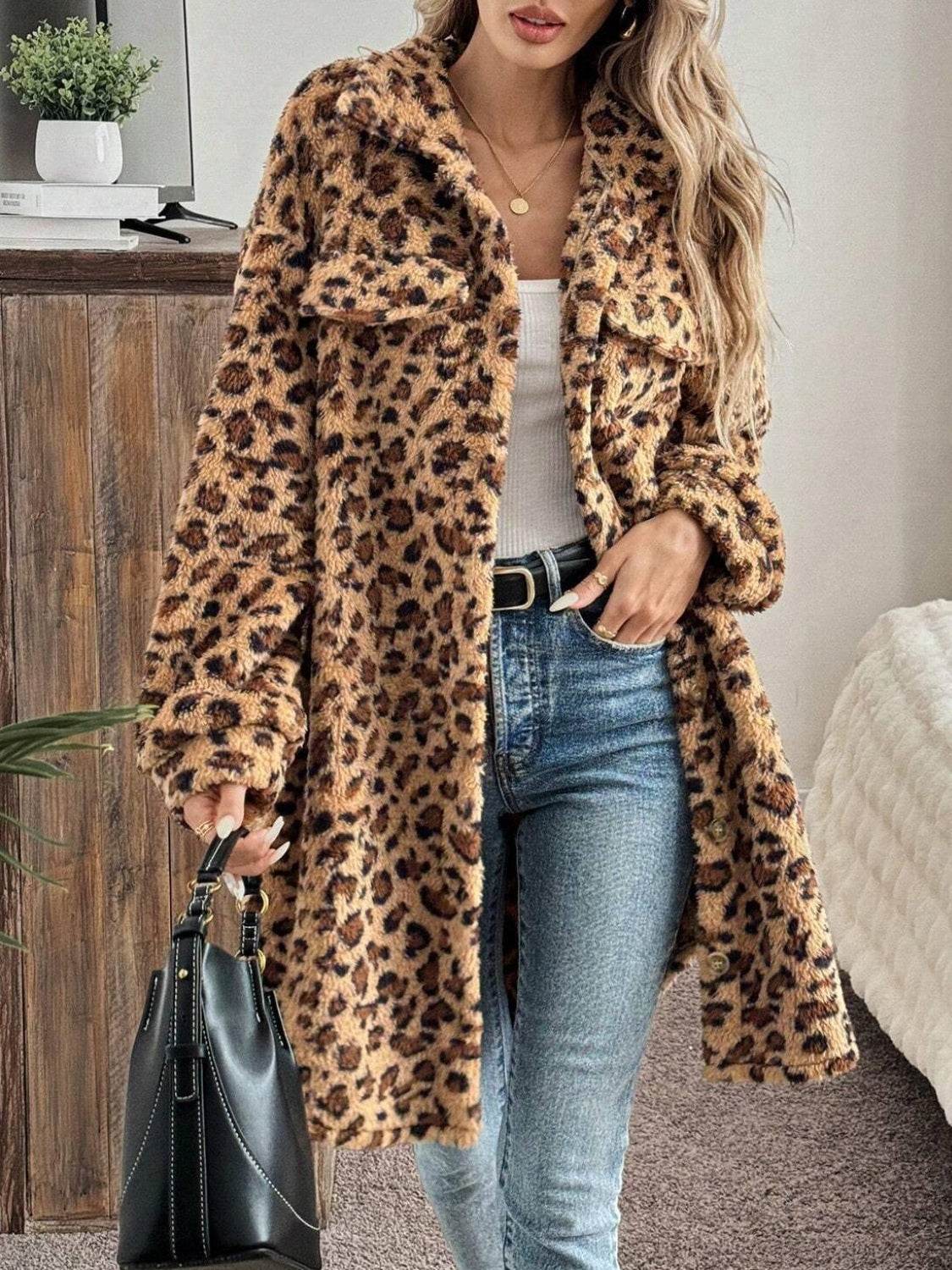 Leopard Button Up Long Sleeve Fuzzy Coat - Amexza