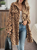 Leopard Button Up Long Sleeve Fuzzy Coat - Amexza