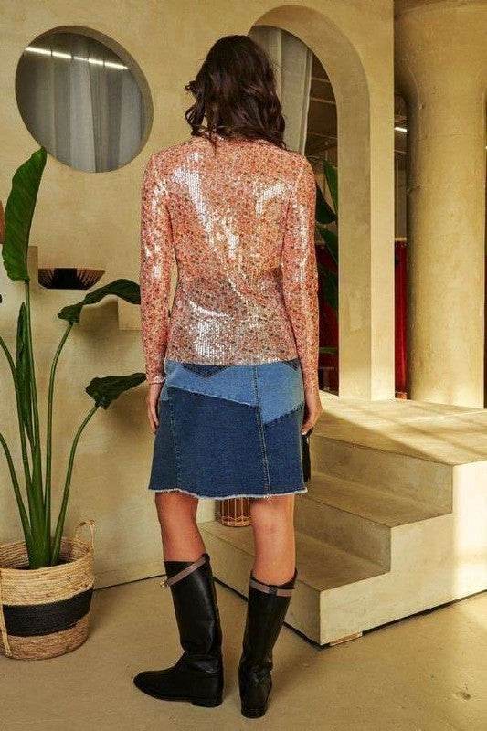 Davi & Dani Sequin Mock Neck Long Sleeve Mesh Top - Amexza