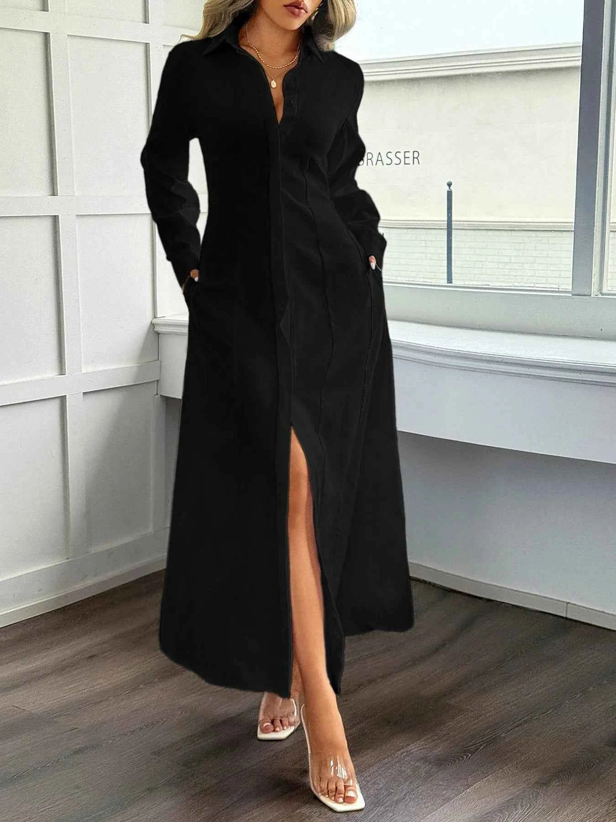 Slit Long Sleeve Maxi Shirt Dress
