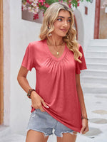 Double Take Ruched V-Neck Short Sleeve T-Shirt - Amexza