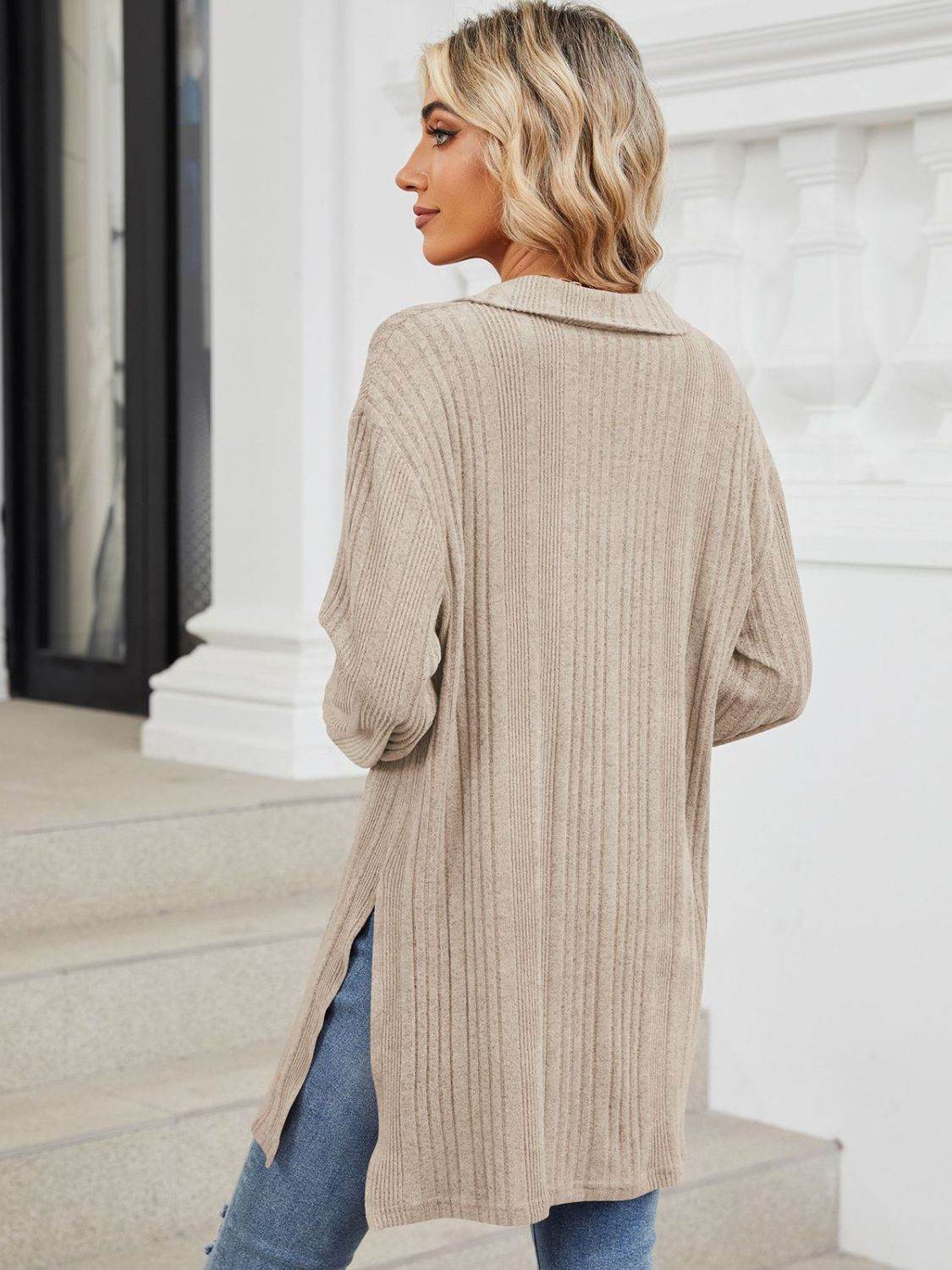 Slit Johnny Collar Long Sleeve T-Shirt - Amexza