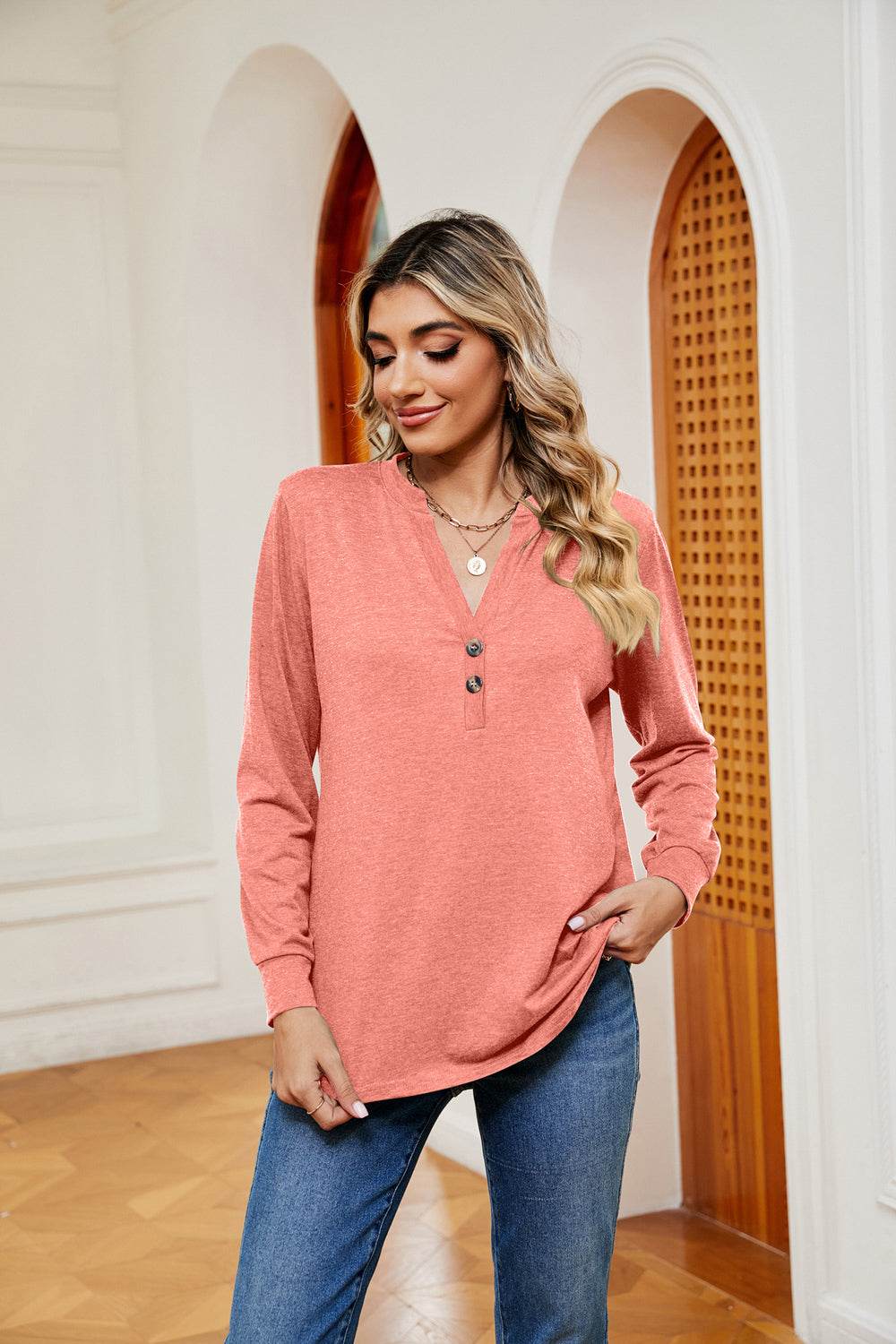 Buttoned Notched Neck Long Sleeve Top for a perfect OOTD – dress to impress outfits from Amexza