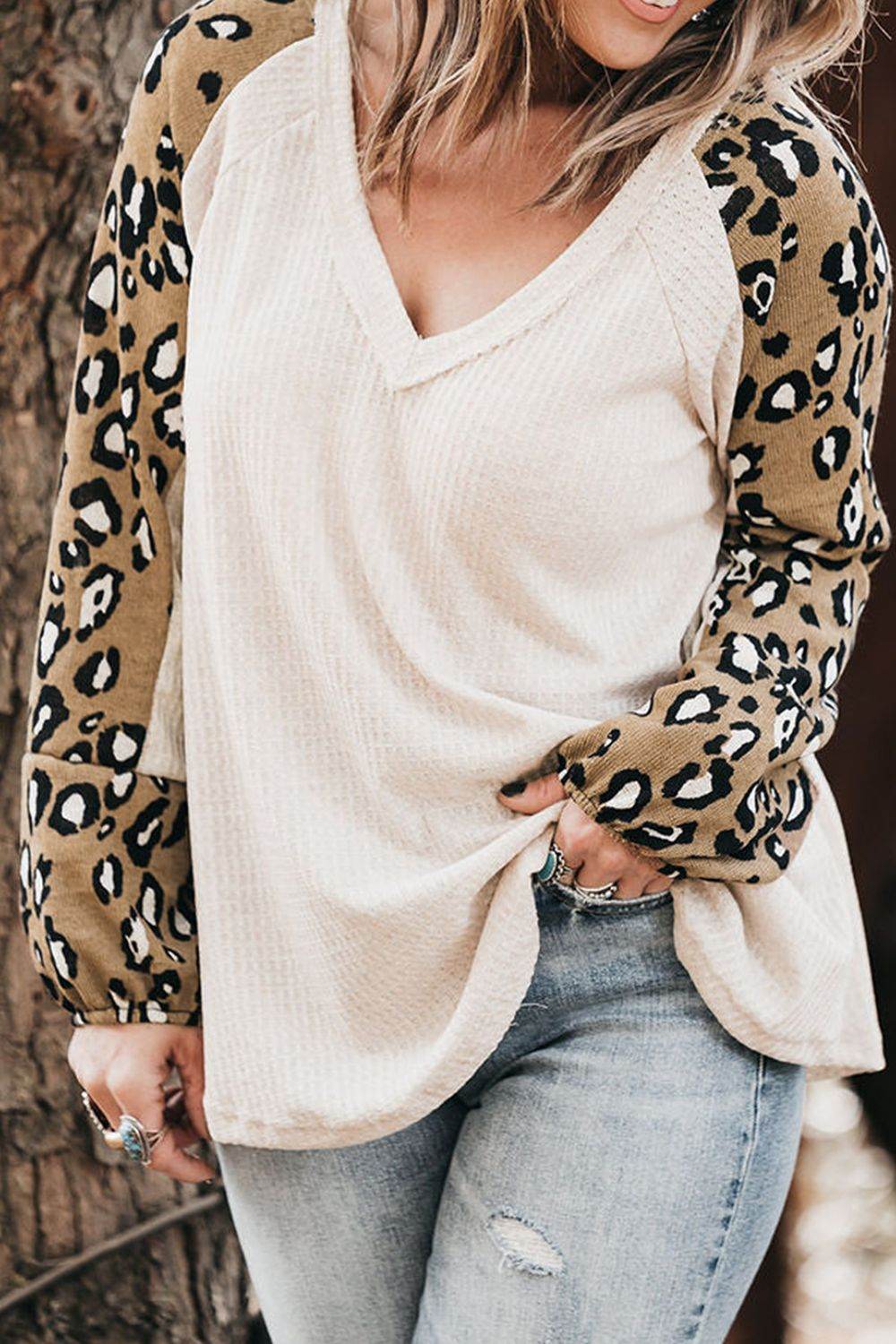 Plus Size Leopard V-Neck Raglan Sleeve Blouse - Amexza