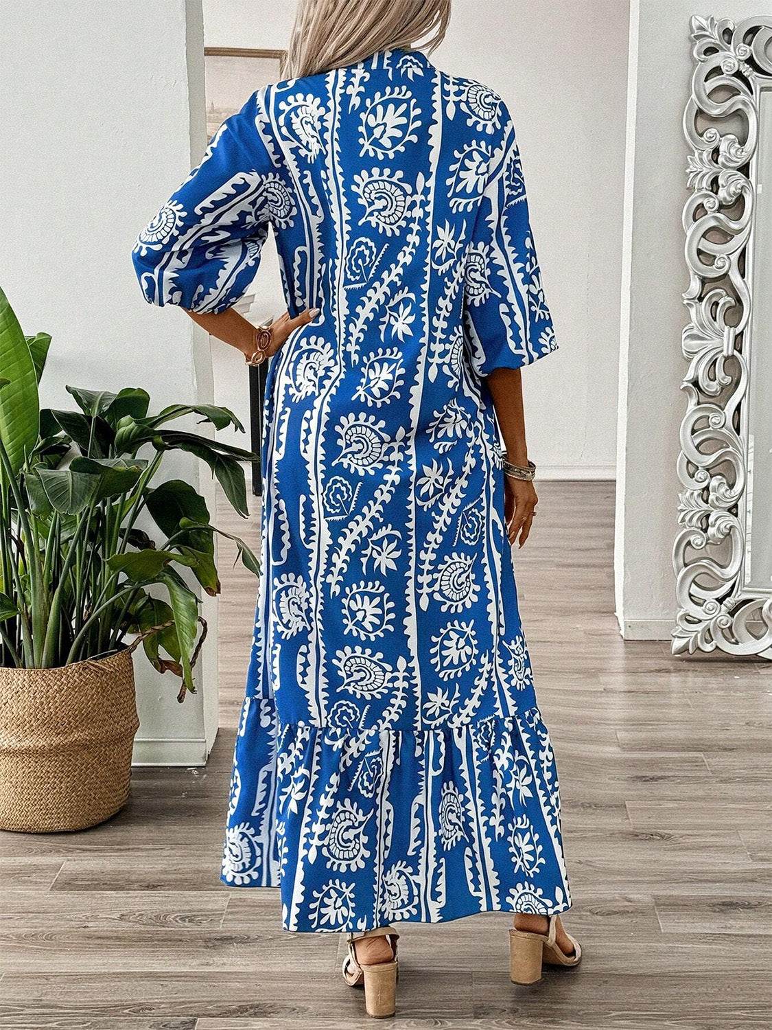 Printed Notched Half Sleeve Maxi Dress - Amexza