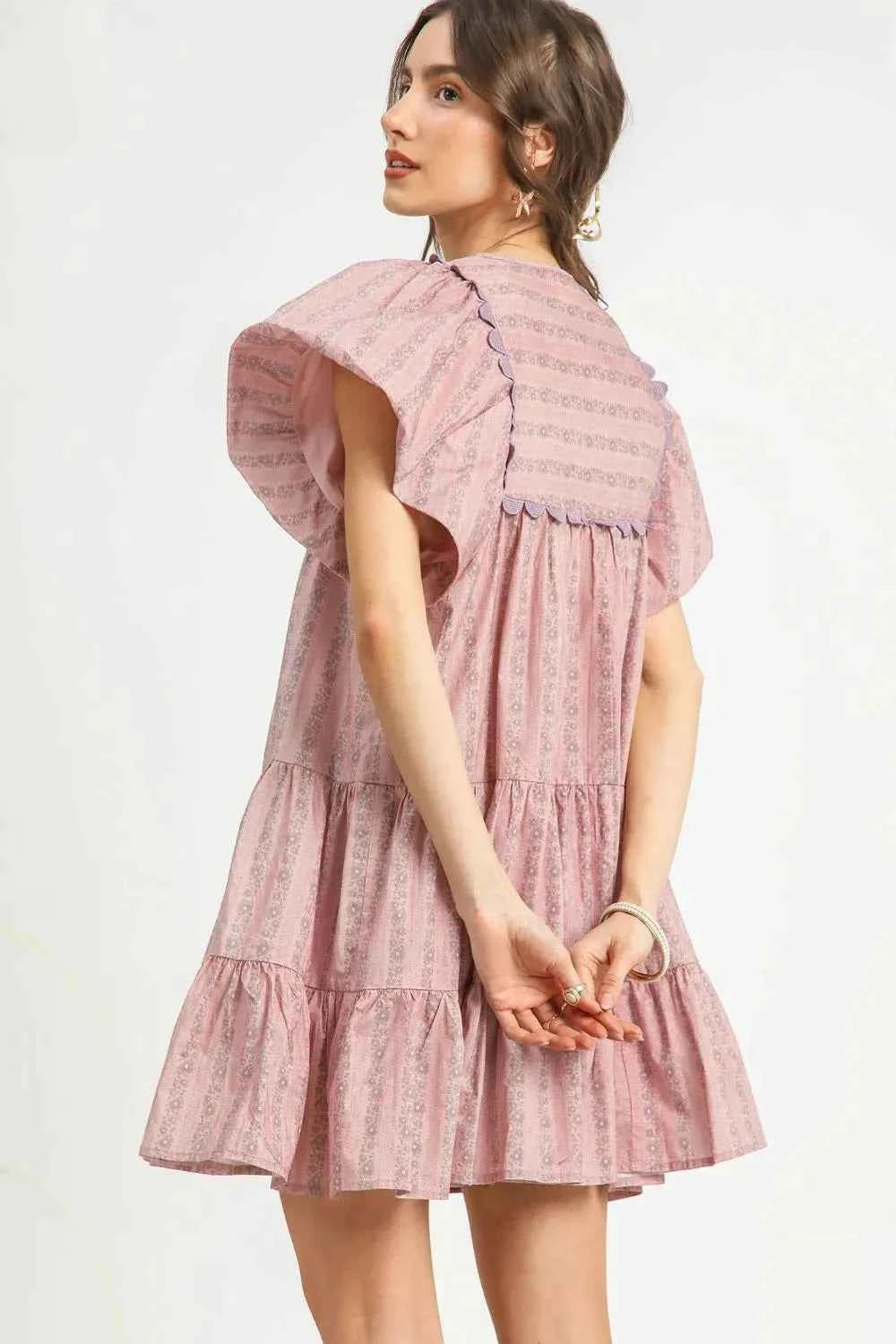 Umgee Floral Ruffled Cap Sleeve Tiered Mini Dress