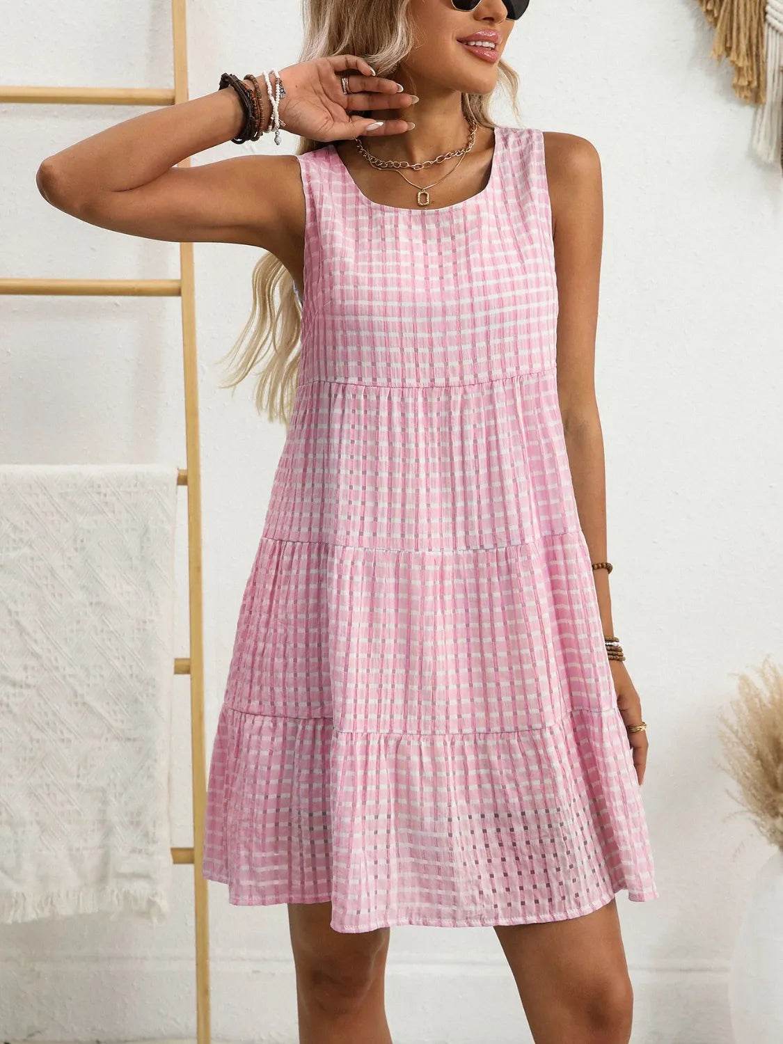 Plaid Round Neck Sleeveless Mini Dress for a perfect OOTD – dress to impress outfits from Amexza
