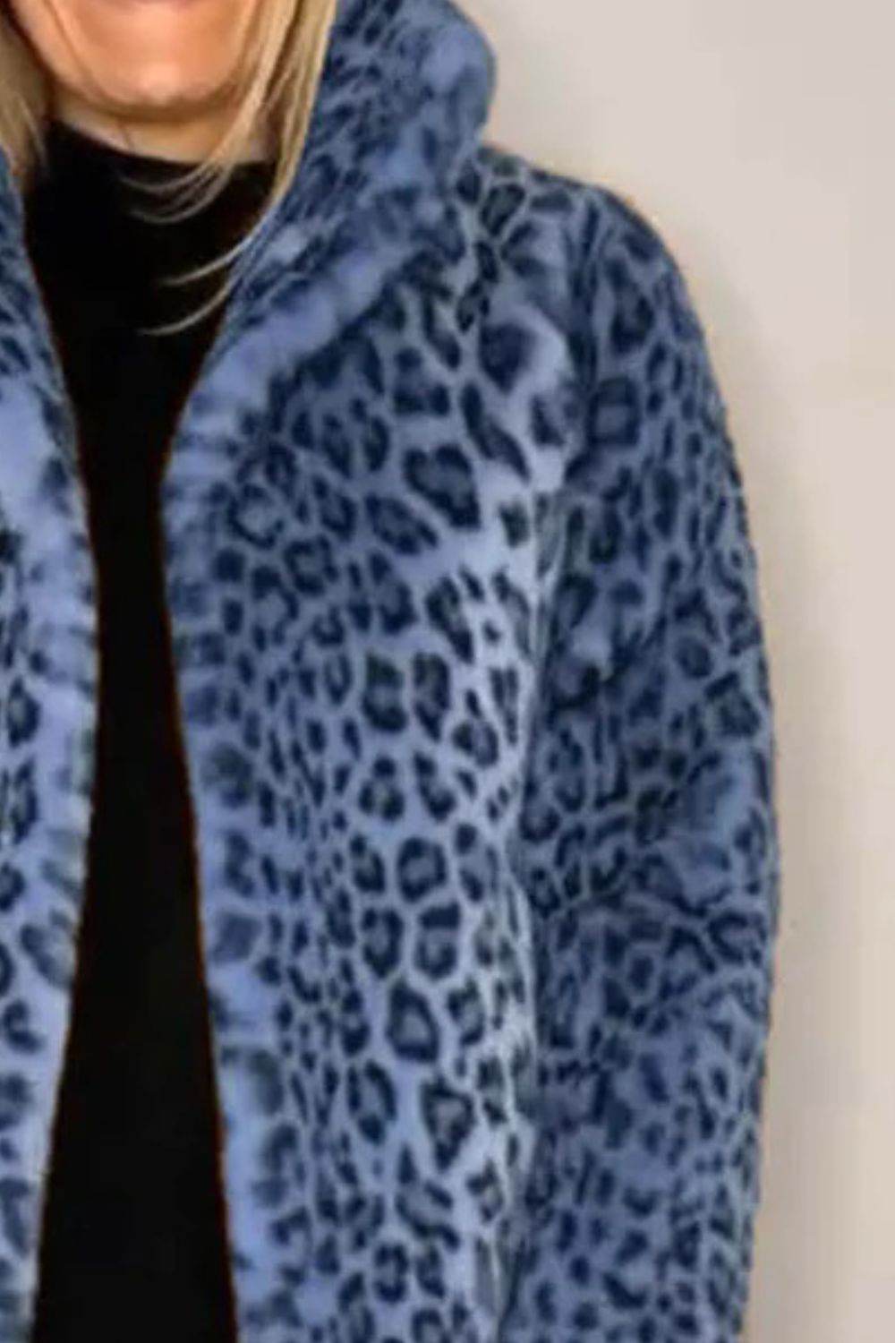 Full Size Leopard Furry Collared Neck Long Sleeve Coat - Amexza
