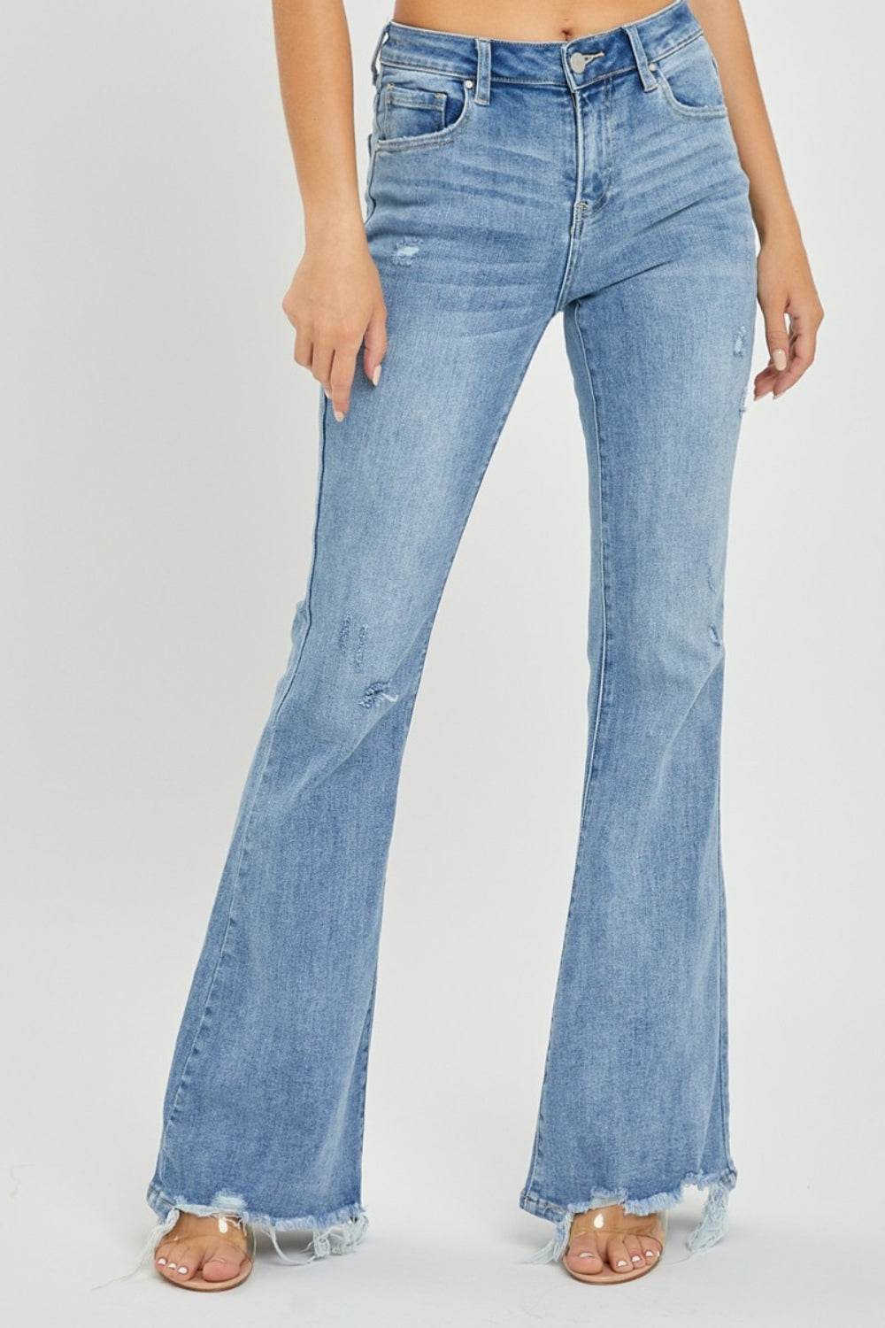 Risen Full Size High Rise Frayed Hem Flare Jeans - Amexza