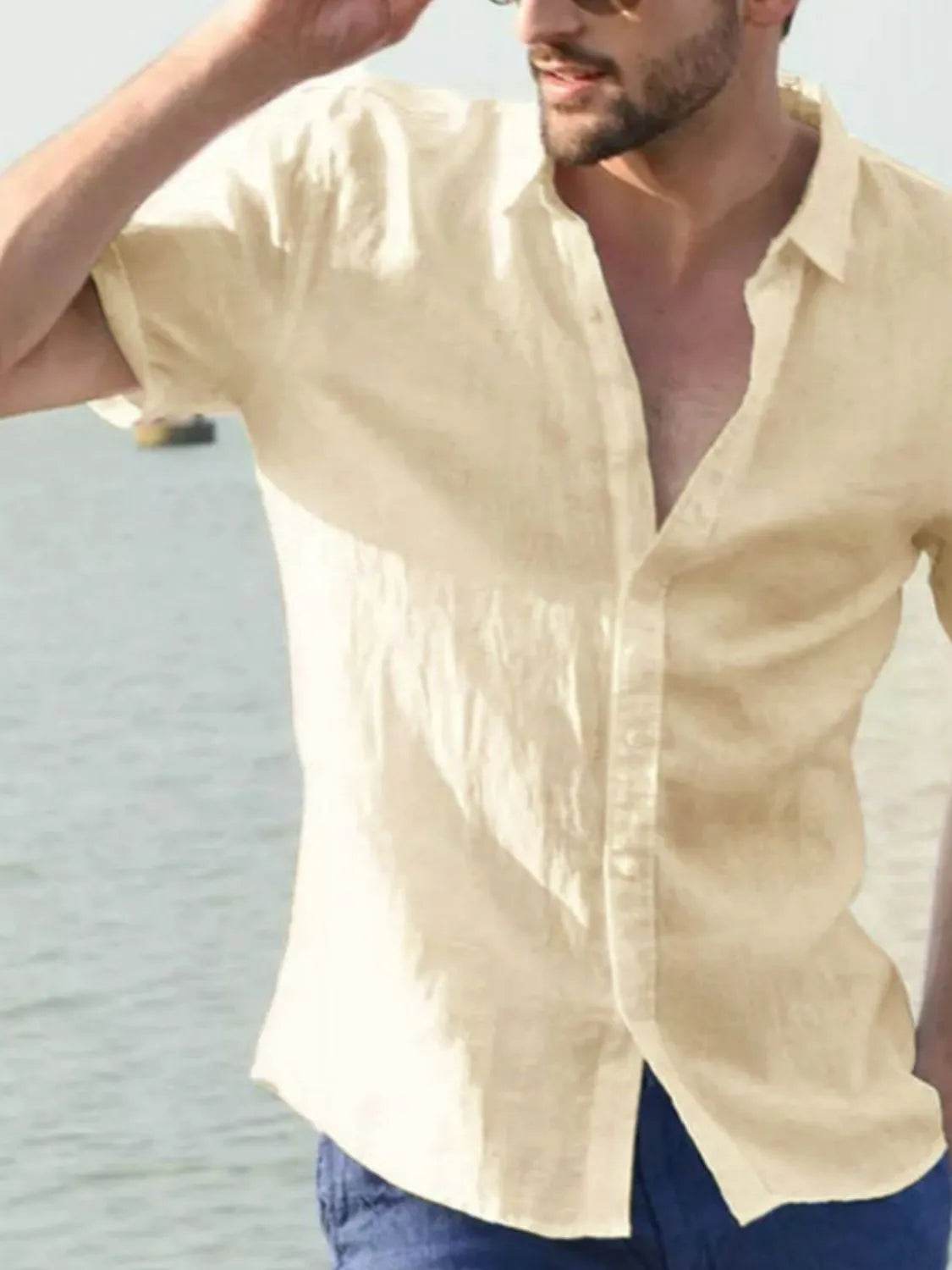 Men's Full Size Button Up Short Sleeve Shirt Plus Size Tan for a perfect OOTD – dress to impress outfits from Amexza