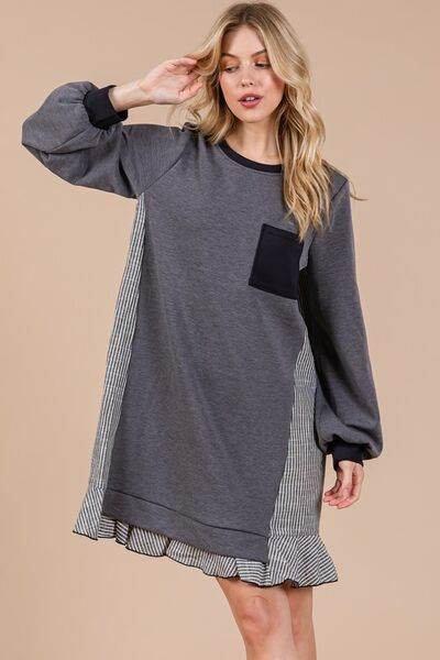 Ces Femme Striped Patchwork Round Neck Terry Sweatshirt Dress for a perfect OOTD – dress to impress outfits from Amexza