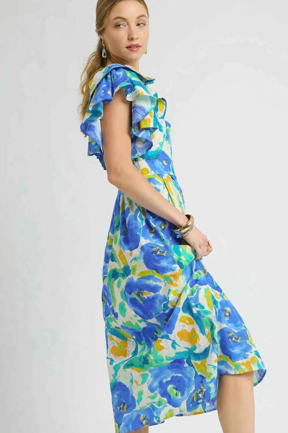 Umgee Floral Ruffled Cap Sleeve Midi Dress