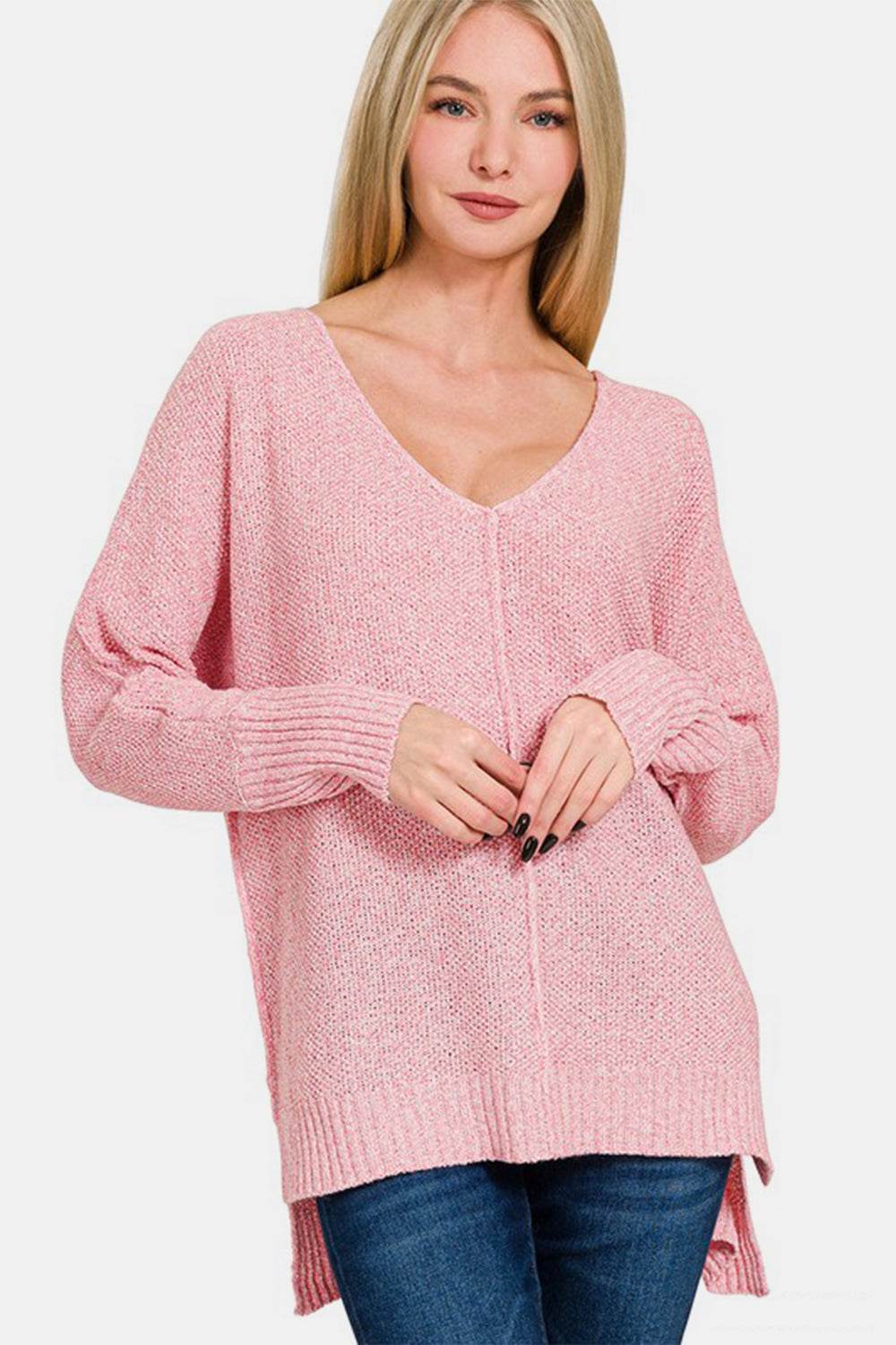 Zenana High-Low Center Seam V-Neck Sweater for a perfect OOTD – dress to impress outfits from Amexza