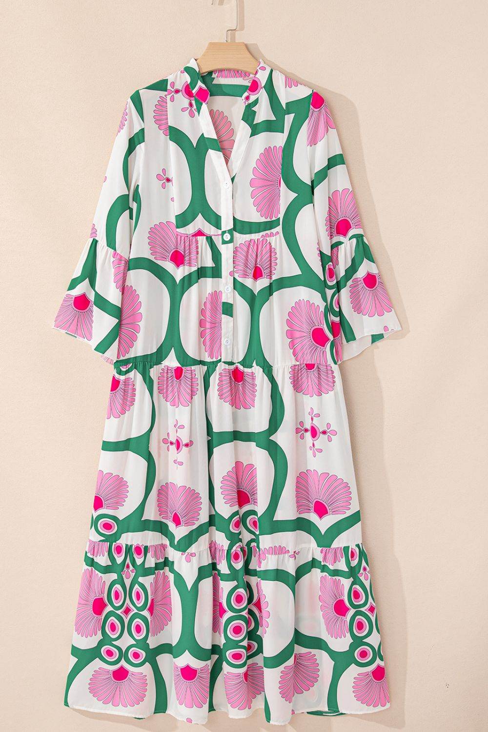 Printed Notched Long Sleeve Maxi Dress - Amexza