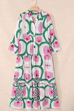 Printed Notched Long Sleeve Maxi Dress - Amexza