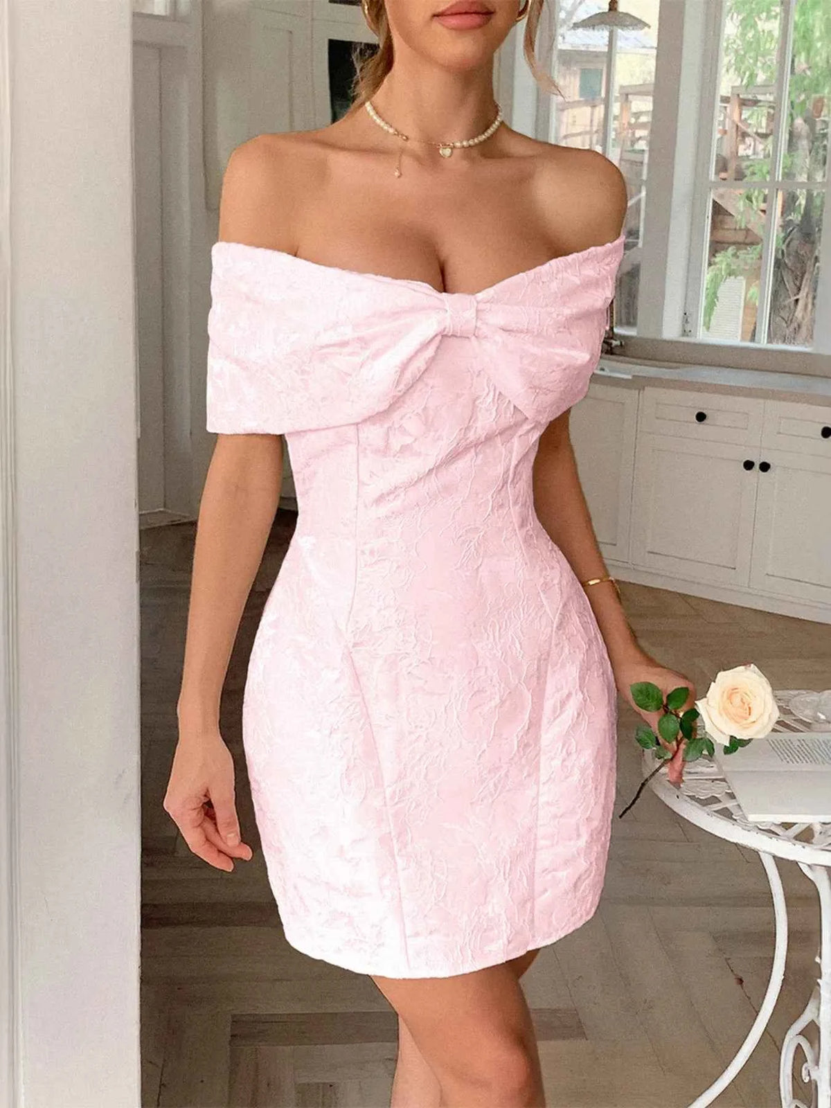 Bow Off-Shoulder Textured Mini Dress
