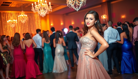 A glamorous prom dress from Amexza paired with sparkling accessories, showcasing the perfect prom look for a memorable evening.