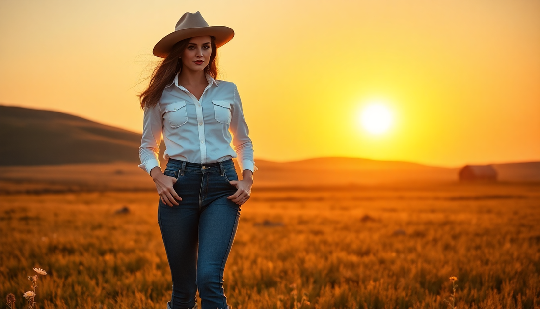 A chic pair of cowgirl pants styled with a classic Western belt and boots, showcasing a perfect blend of functionality and style, available at Amexza.