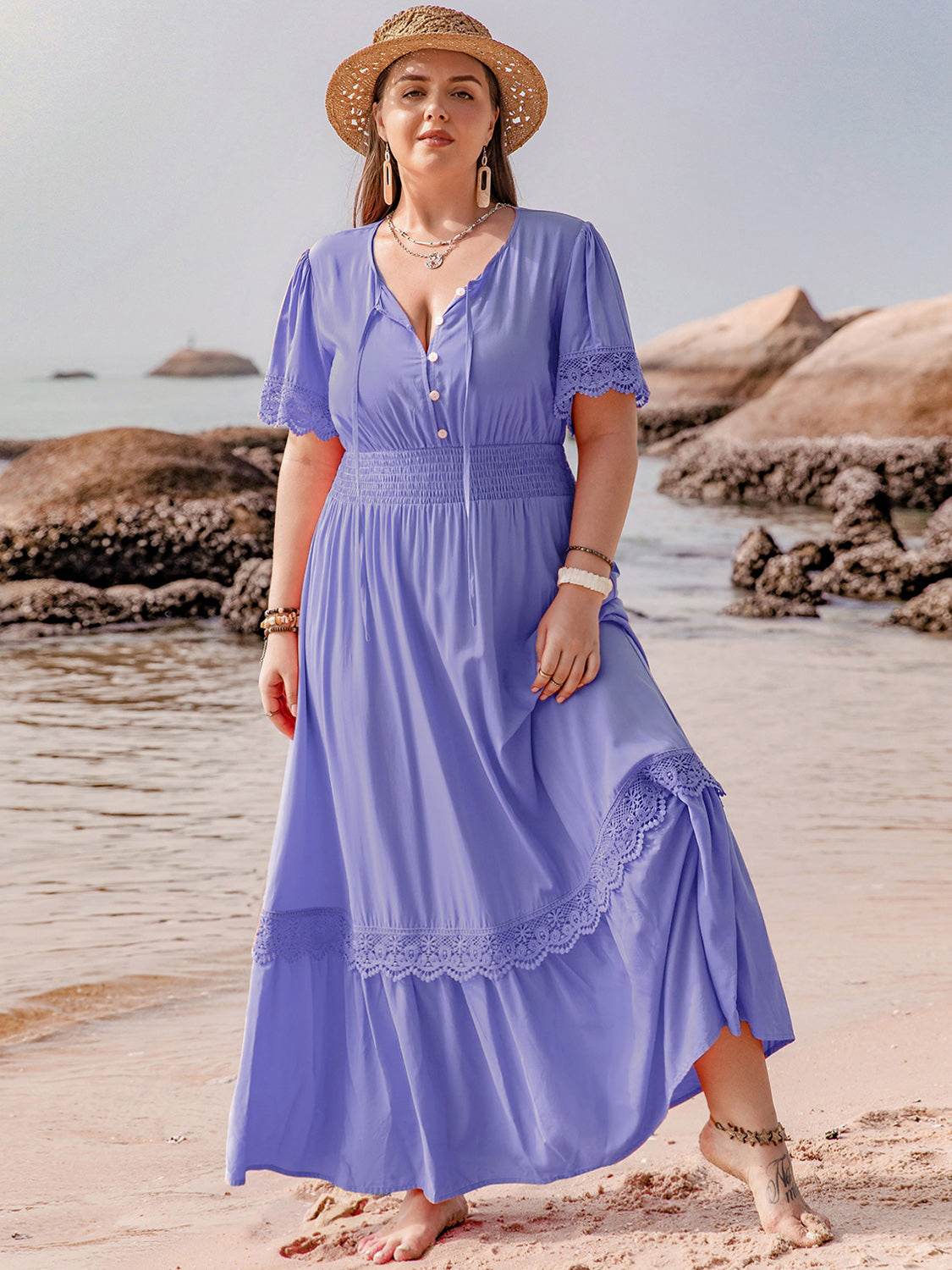 Plus Size Lace Detail Tie Neck Short Sleeve Maxi Dress - Amexza