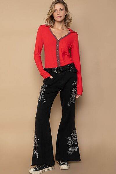 POL Raw Hem Embroidered Flare Pants for a perfect OOTD – dress to impress outfits from Amexza