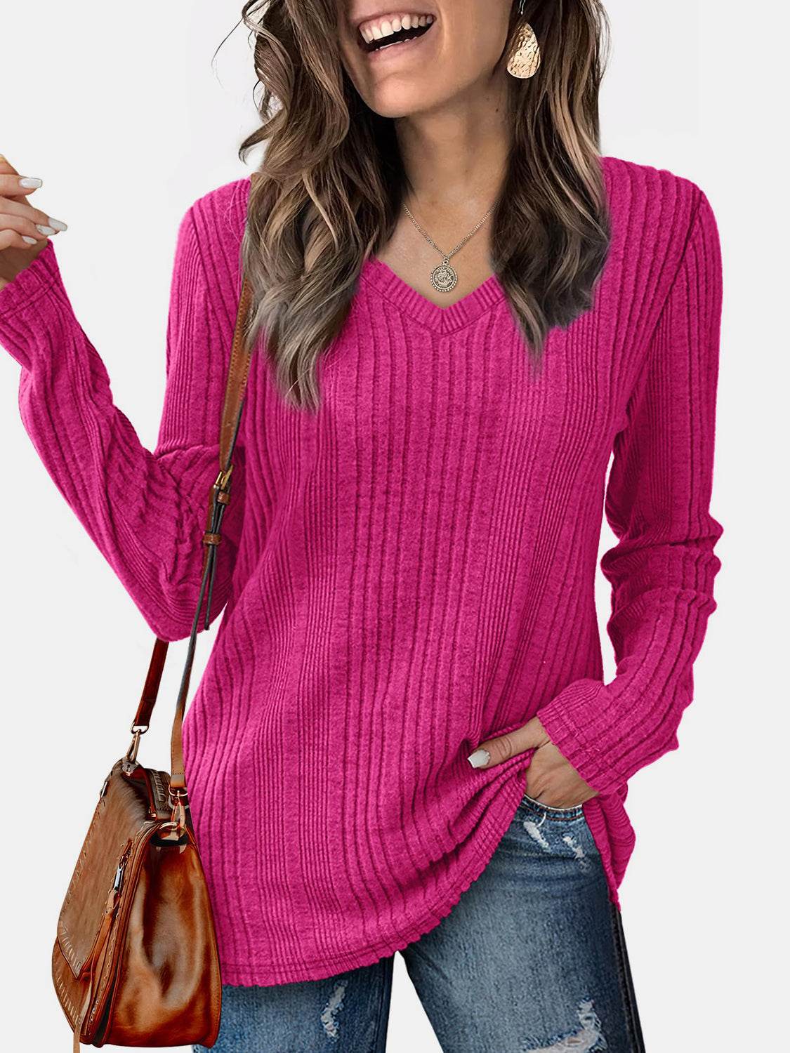 V-Neck Long Sleeve T-Shirt Hot Pink for a perfect OOTD – dress to impress outfits from Amexza