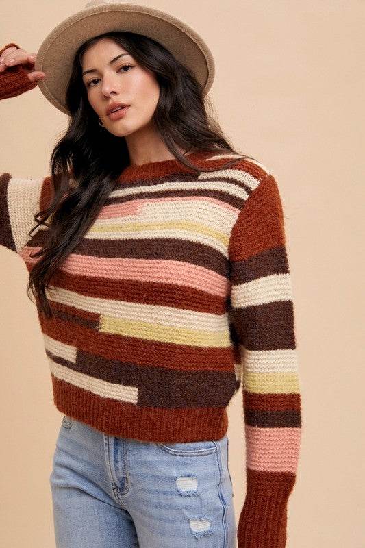 Annie Wear Color Block Round Neck Long Sleeve Sweater - Amexza