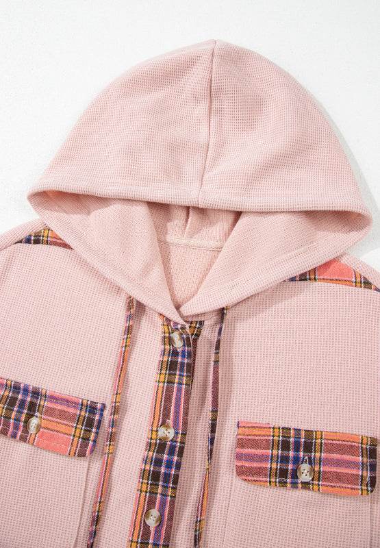 Waffle Knit Plaid Patchwork Drawstring Hooded Shacket for a perfect OOTD – dress to impress outfits from Amexza