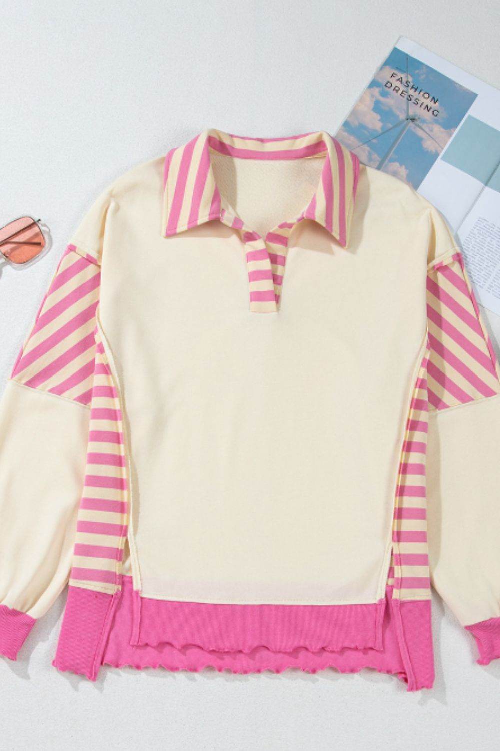 Striped Johnny Collar Long Sleeve Sweatshirt - Amexza