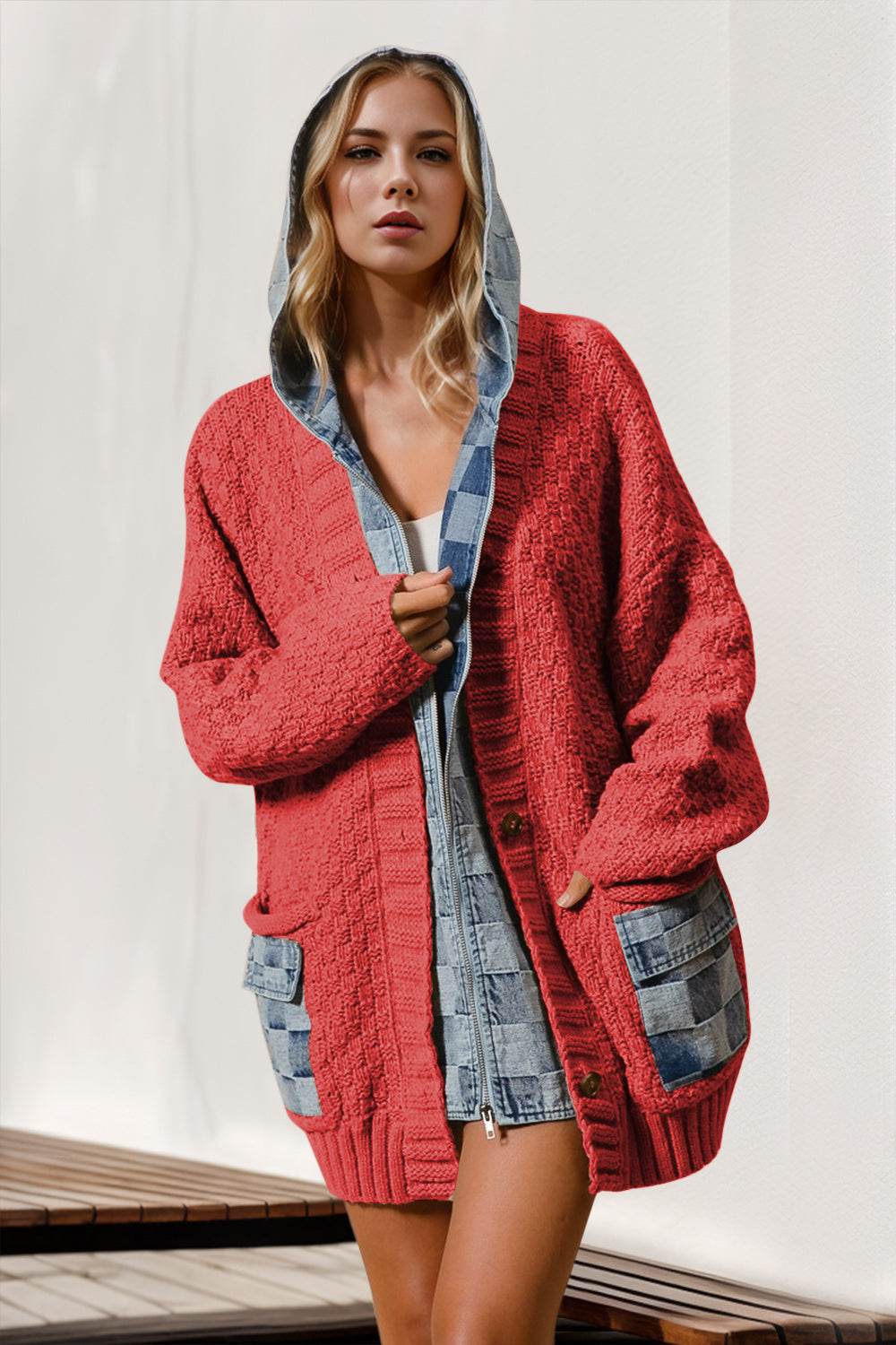 Double Take Full Size Hooded Denim Spliced Sweater Cardigan Deep Red for a perfect OOTD – dress to impress outfits from Amexza