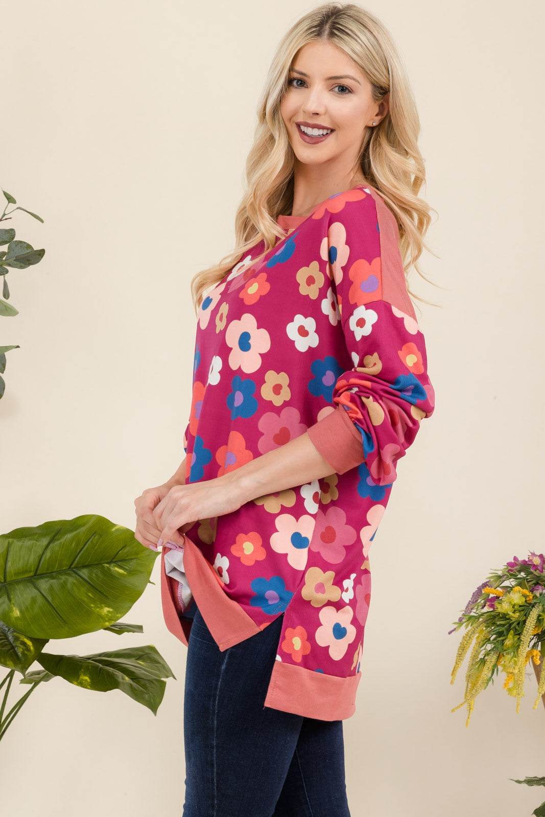 Celeste Full Size Side Slit Flower Print Long Sleeve Top for a perfect OOTD – dress to impress outfits from Amexza