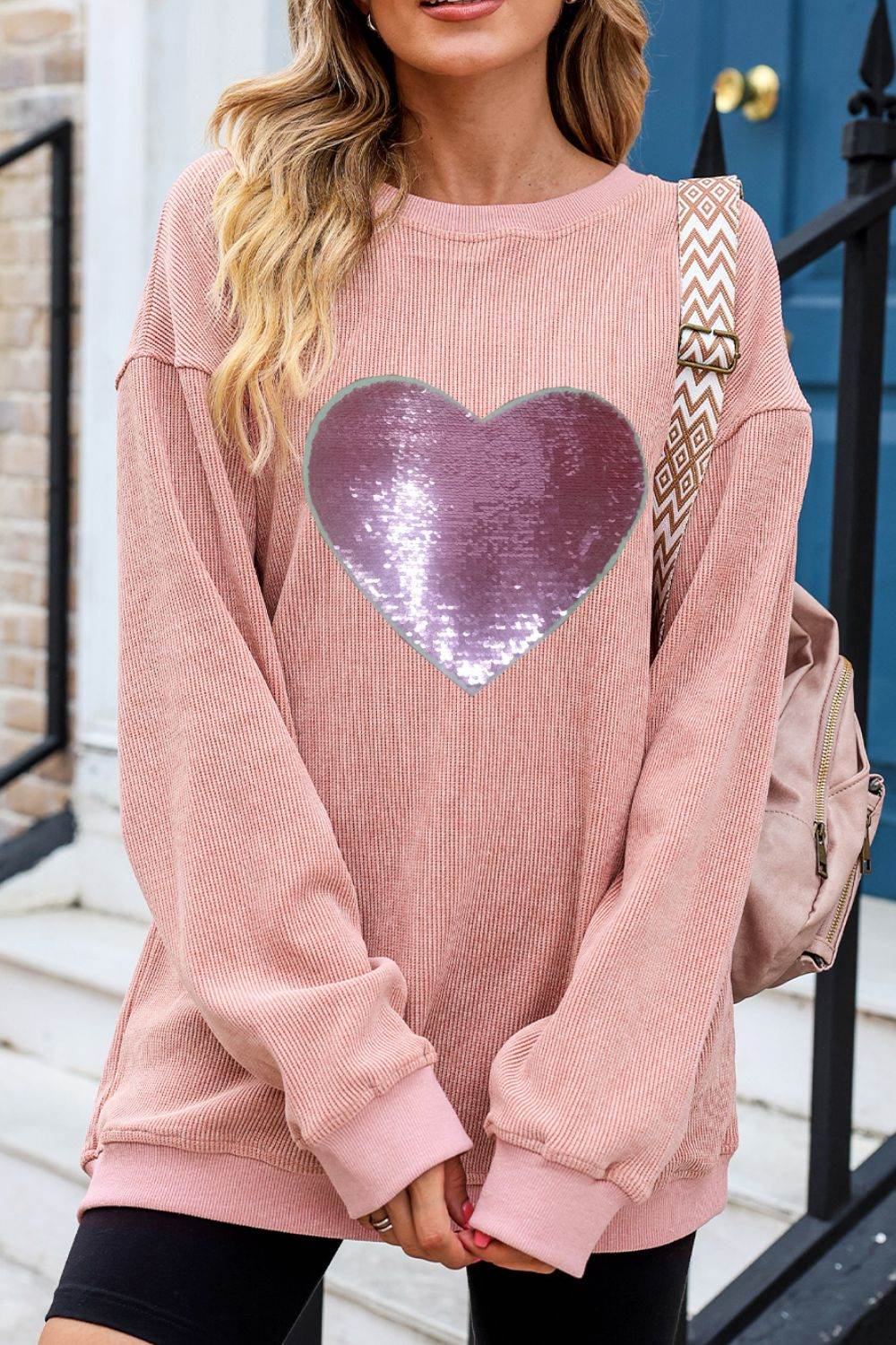 Valentine’s Day Sequin Heart Round Neck Long Sleeve Sweatshirt for a perfect OOTD – dress to impress outfits from Amexza