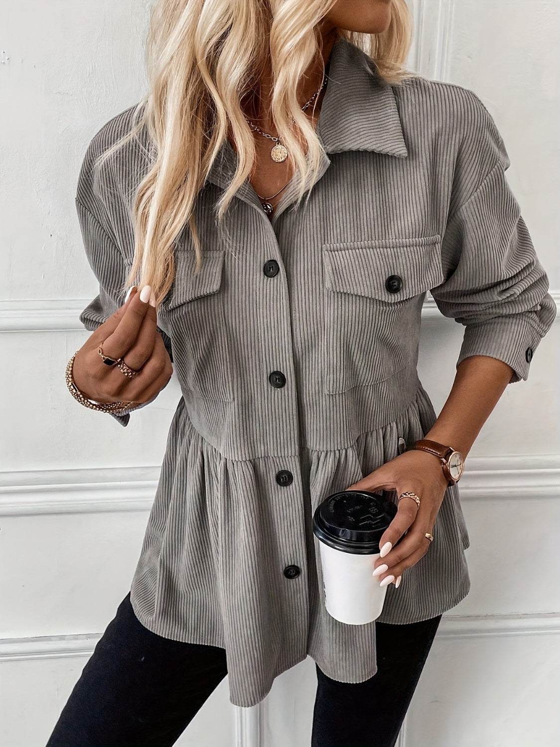 Corduroy Peplum Button Up Shacket for a perfect OOTD – dress to impress outfits from Amexza