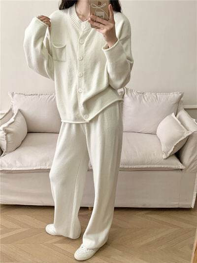 Pocketed Round Neck Button Up Cardigan and Pants Sweater Set - Amexza