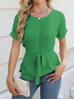 Tied Pleated Round Neck Short Sleeve Top - Amexza