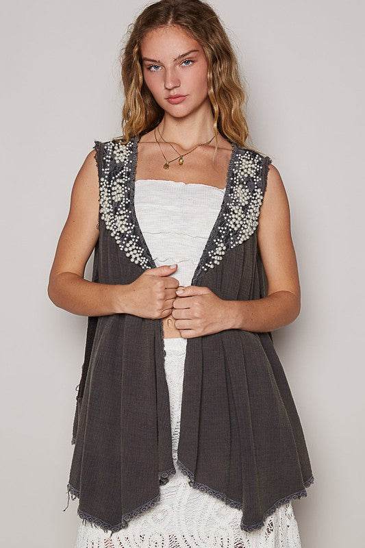 POL Embroidered Pearls Open Front Sleeveless Cardigan - Amexza