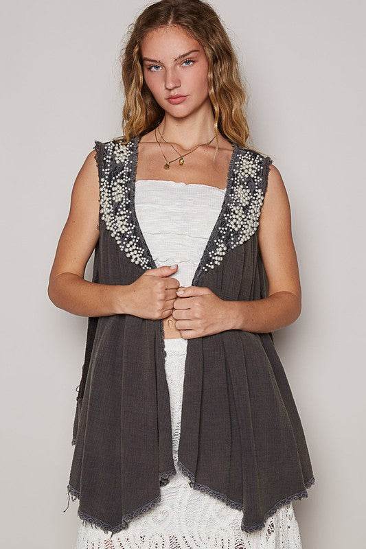 POL Embroidered Pearls Open Front Sleeveless Cardigan for a perfect OOTD – dress to impress outfits from Amexza