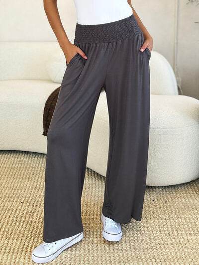 Basic Bae Full Size Smocked Wide Waistband Wide Leg Pants for a perfect OOTD – dress to impress outfits from Amexza