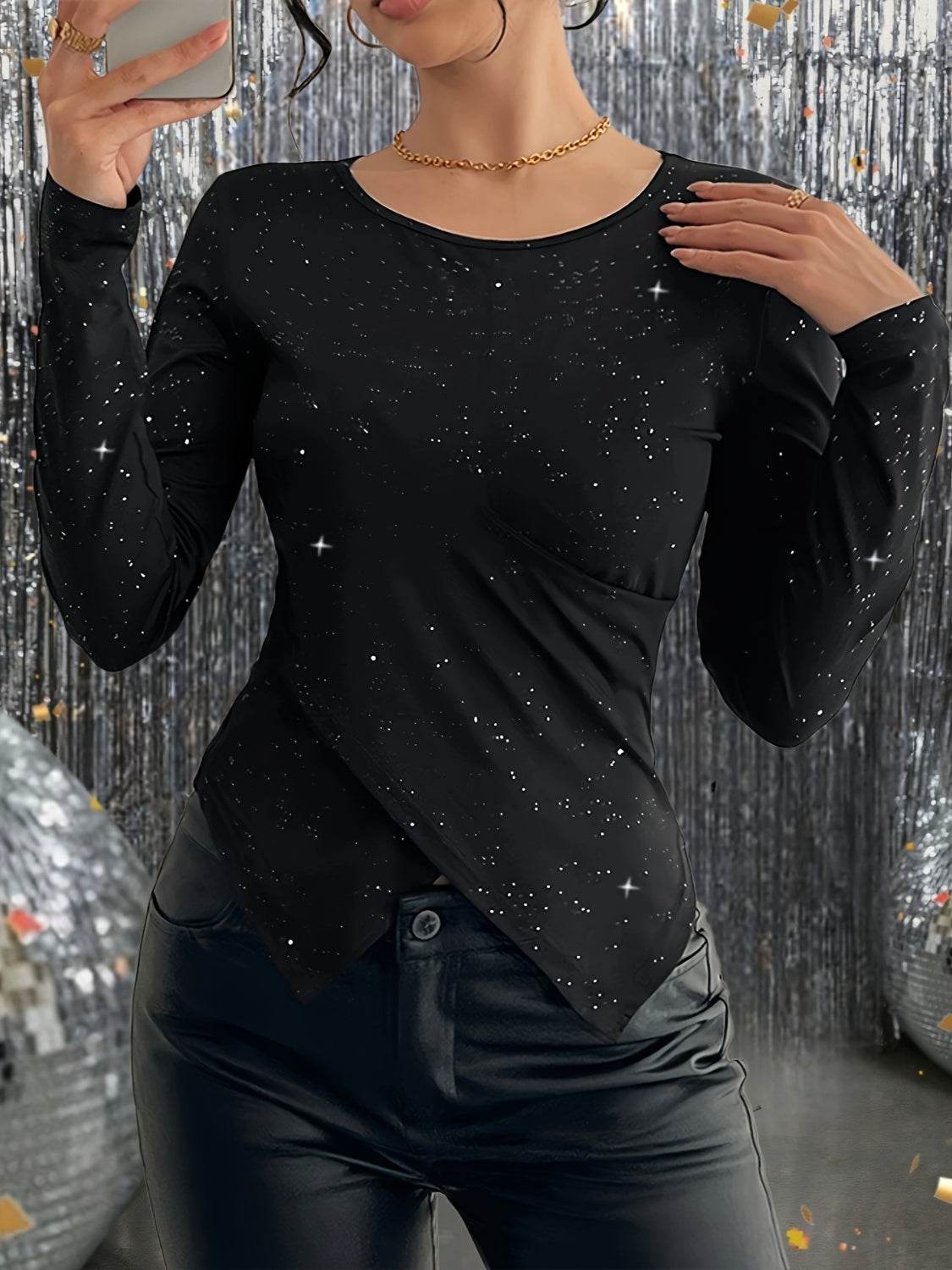 Glitter Round Neck Long Sleeve T-Shirt for a perfect OOTD – dress to impress outfits from Amexza