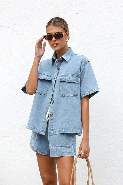 Collared Neck Button Up Top and Shorts Denim Set for a perfect OOTD – dress to impress outfits from Amexza