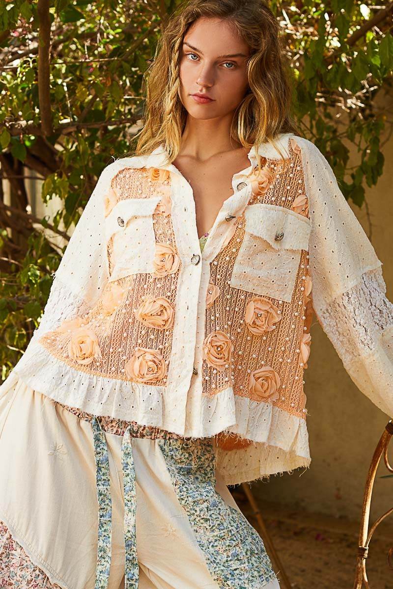 POL Eyelet Flower Pearl Detail Lace Patchwork Shirt Apricot Cream for a perfect OOTD – dress to impress outfits from Amexza