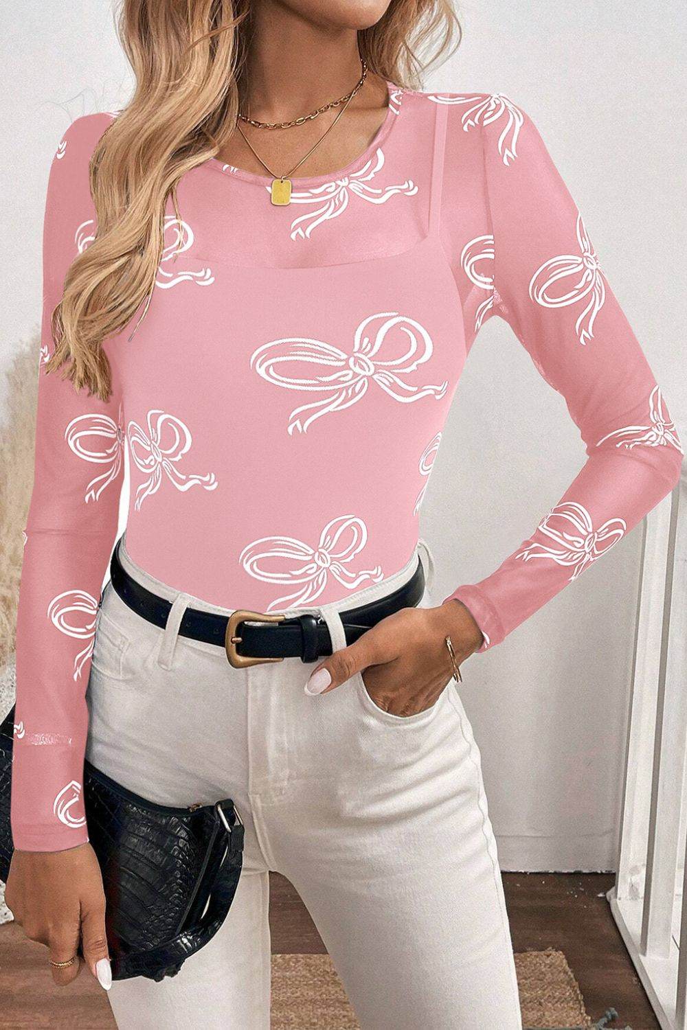 Bow Round Neck Long Sleeve Top Blush Pink for a perfect OOTD – dress to impress outfits from Amexza