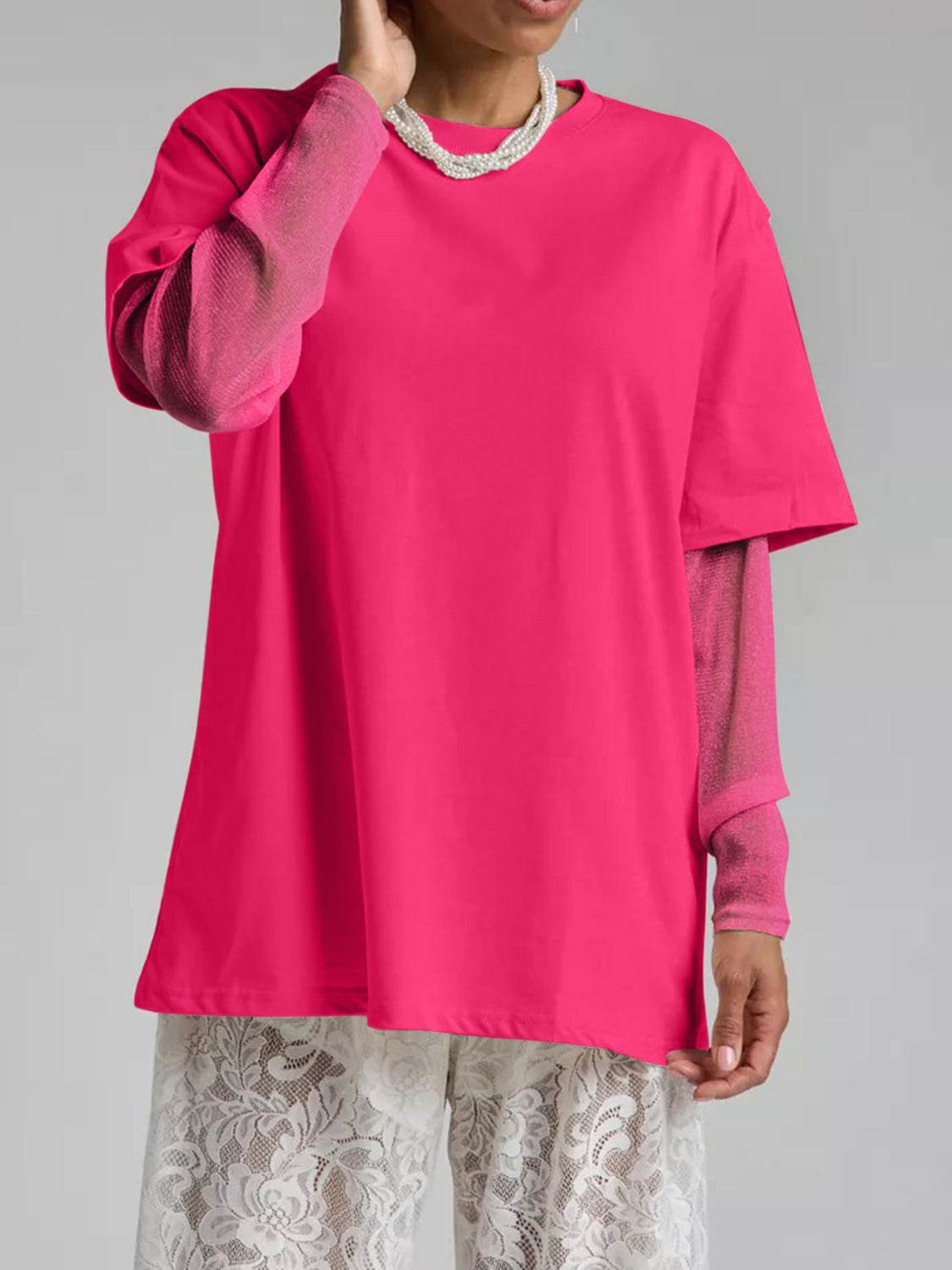 Faux Layered Round Neck Mesh Sleeve Top Hot Pink for a perfect OOTD – dress to impress outfits from Amexza