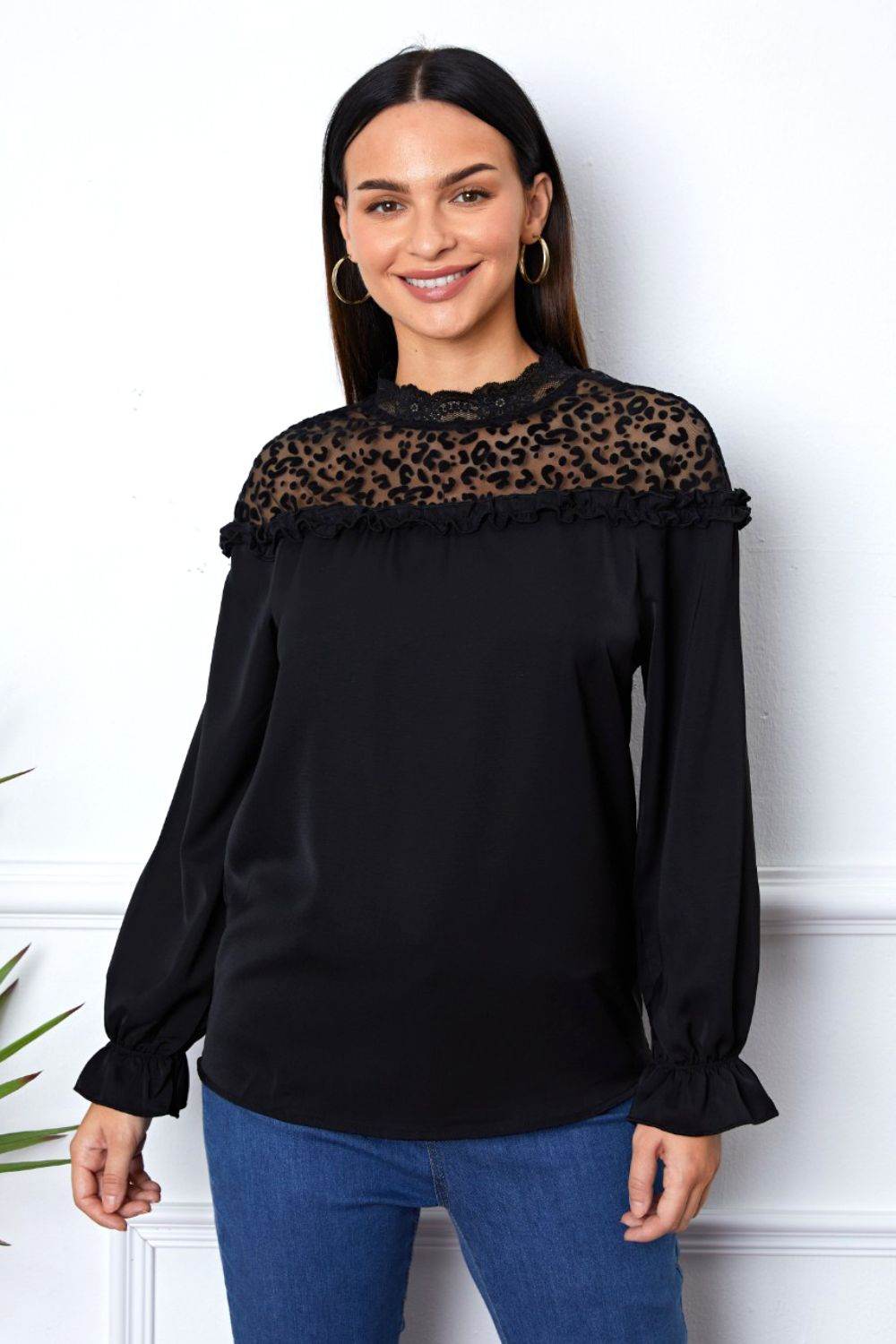 Leopard Frill Flounce Sleeve Blouse Black for a perfect OOTD – dress to impress outfits from Amexza