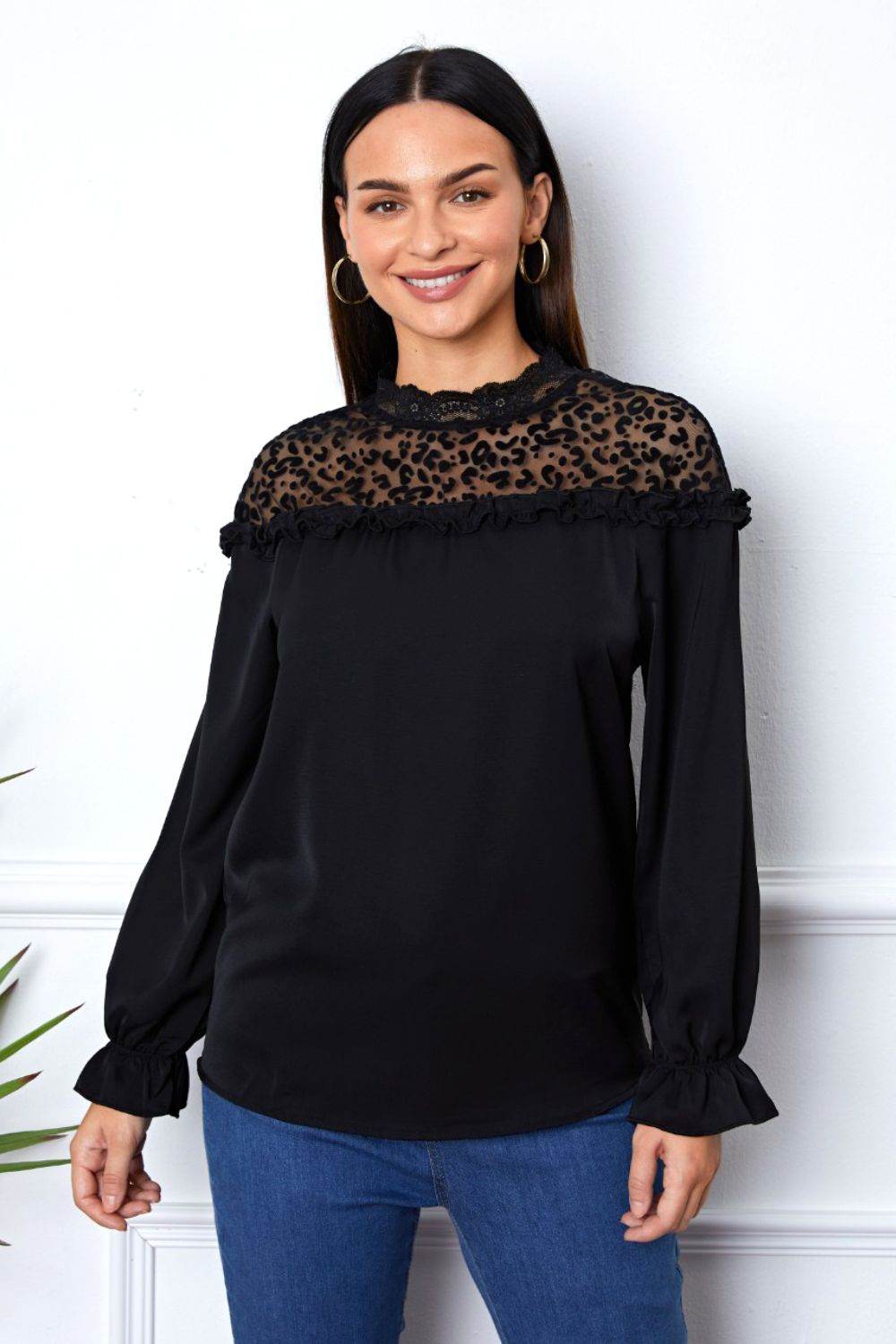 Leopard Frill Flounce Sleeve Blouse - Amexza