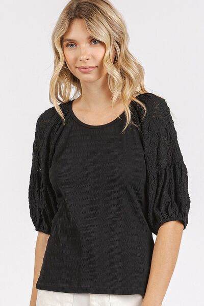 Mittoshop Mixed Media Textured Knit Popcorn Puff Sleeve Blouse Black for a perfect OOTD – dress to impress outfits from Amexza